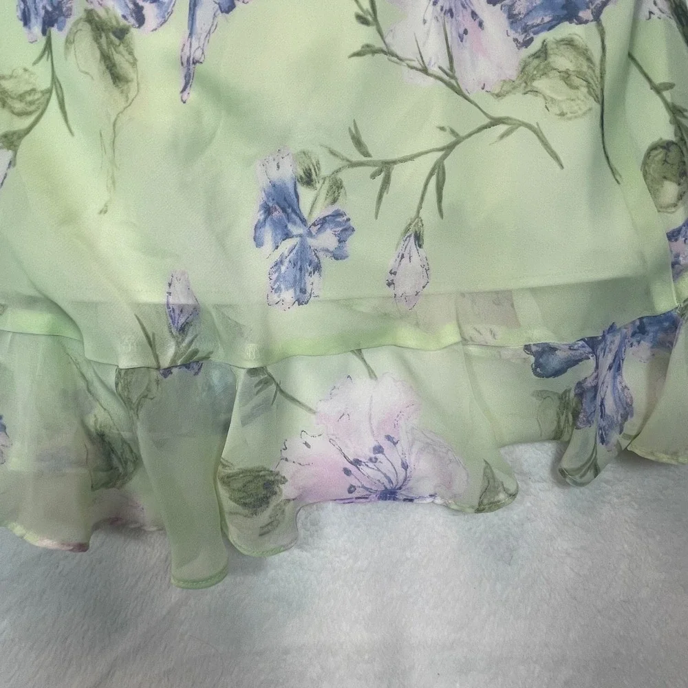 VTG Maxi Skirt 2 Pc Set Women M Floral Fairy Chiffon Lettuce Hem Church Romantic